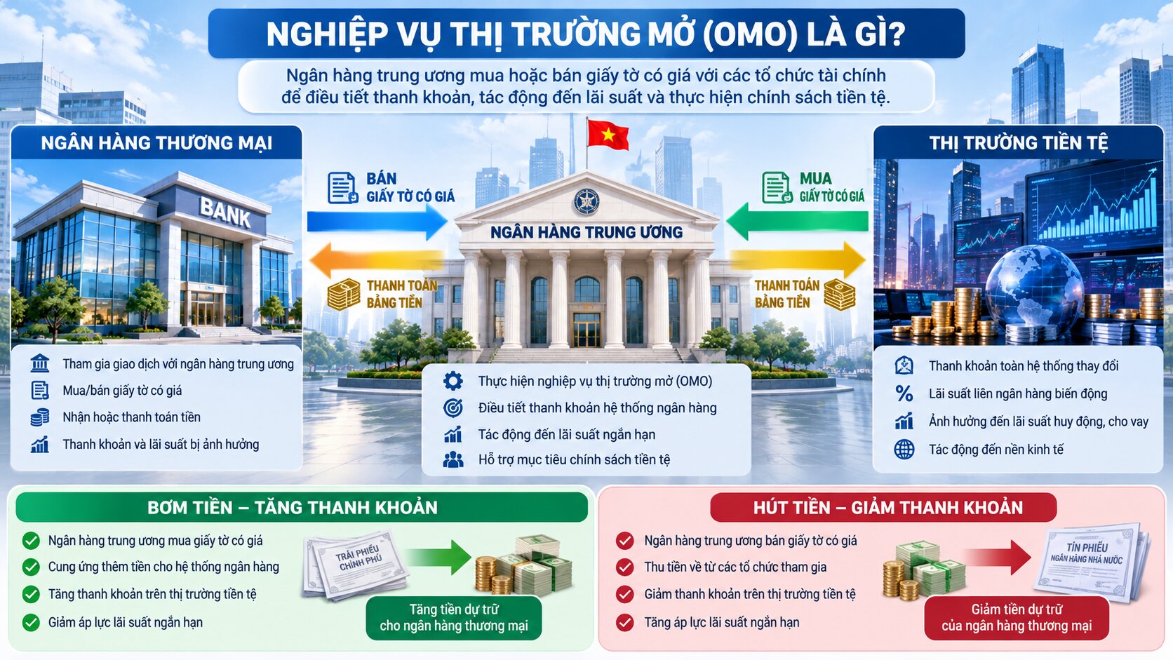 Sơ đồ nghiệp vụ thị trường mở OMO thể hiện ngân hàng trung ương mua bán giấy tờ có giá để bơm hoặc hút thanh khoản