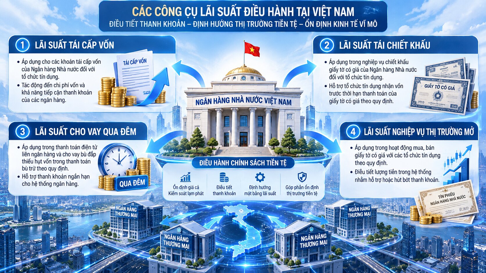Infographic bốn loại lãi suất điều hành tại Việt Nam gồm tái cấp vốn, tái chiết khấu, cho vay qua đêm và thị trường mở