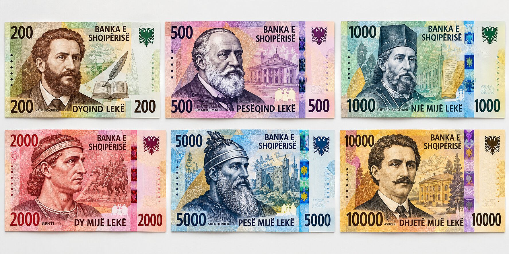 Những mệnh giá tiền giấy Lek Albania với thiết kế thể hiện các nhân vật lịch sử và văn hóa nổi tiếng