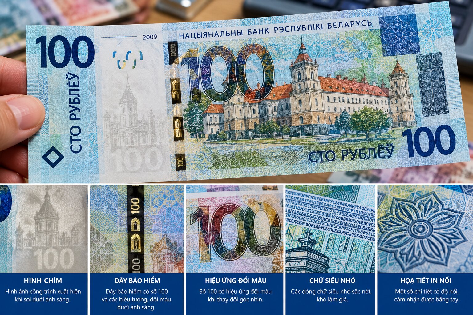 Cận cảnh tiền giấy Rúp Belarus BYN với hình chìm, dây bảo hiểm, số mệnh giá và các hoa văn chống giả trên bề mặt tờ tiền