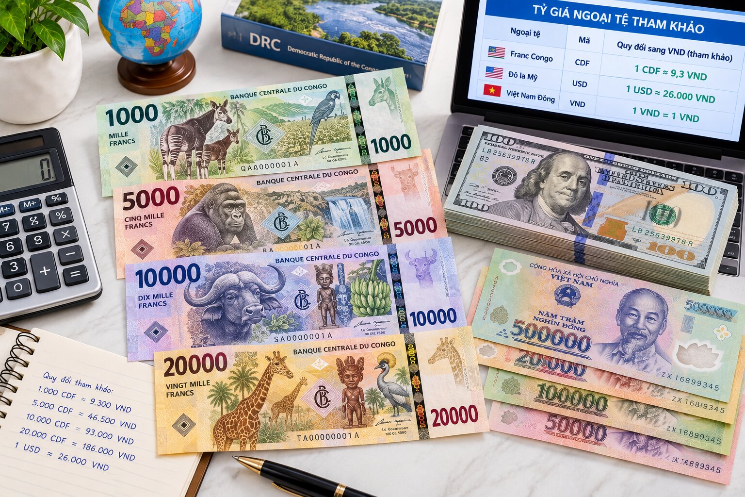  Tiền Franc Congo CDF đặt cạnh đô la Mỹ, tiền Việt Nam và máy tính tỷ giá, minh họa hoạt động đổi tiền và thanh toán ngoại tệ