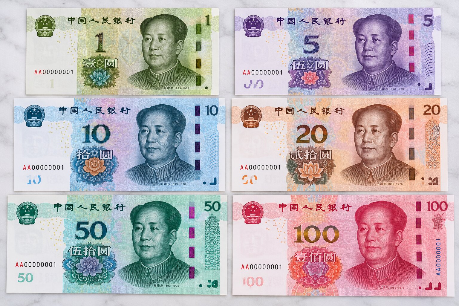 Bộ tiền giấy Nhân dân tệ Trung Quốc gồm các mệnh giá 1, 5, 10, 20, 50 và 100 Yuan với màu sắc, chân dung và hoa văn đặc trưng