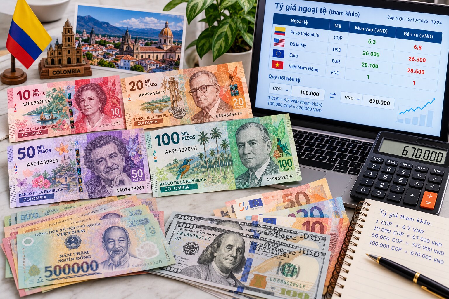 Tiền Peso Colombia đặt cạnh tiền Việt Nam, đô la Mỹ và máy tính tỷ giá, minh họa cách quy đổi COP sang VND khi giao dịch