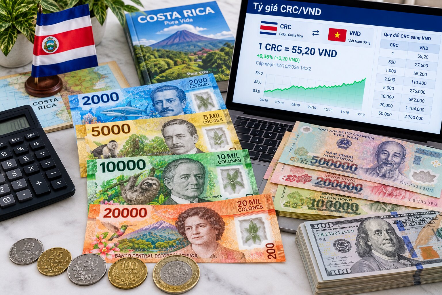 Tiền Colón Costa Rica gồm các tờ 2.000, 5.000, 10.000, 20.000 CRC đặt cạnh tiền Việt Nam và bảng tỷ giá CRC/VND