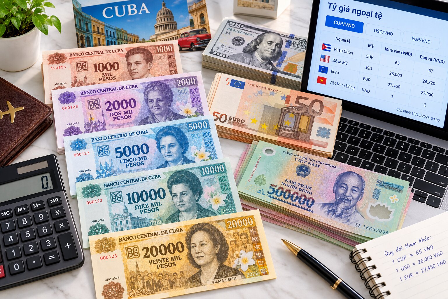 Tiền giấy Peso Cuba CUP đặt cạnh đô la Mỹ, Euro, tiền Việt Nam và máy tính tỷ giá, minh họa hoạt động quy đổi ngoại tệ