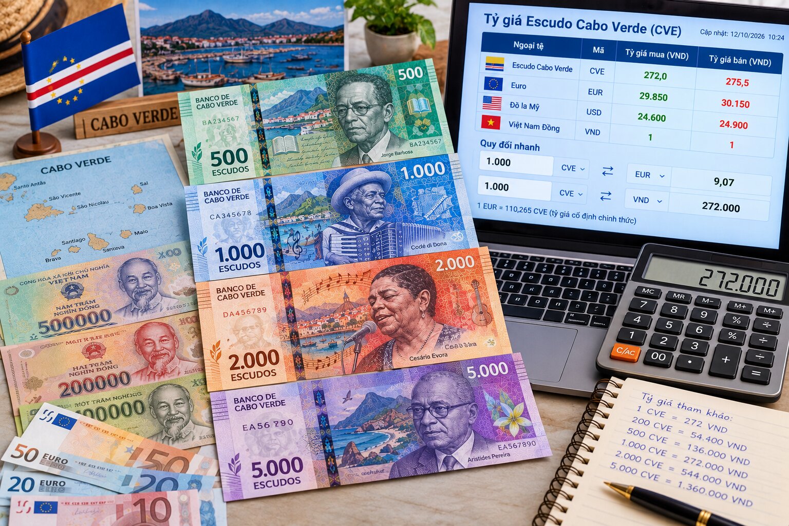 Tiền Escudo Cabo Verde đặt cạnh tiền Việt Nam, Euro và máy tính, minh họa cách quy đổi tỷ giá CVE sang VND trong giao dịch