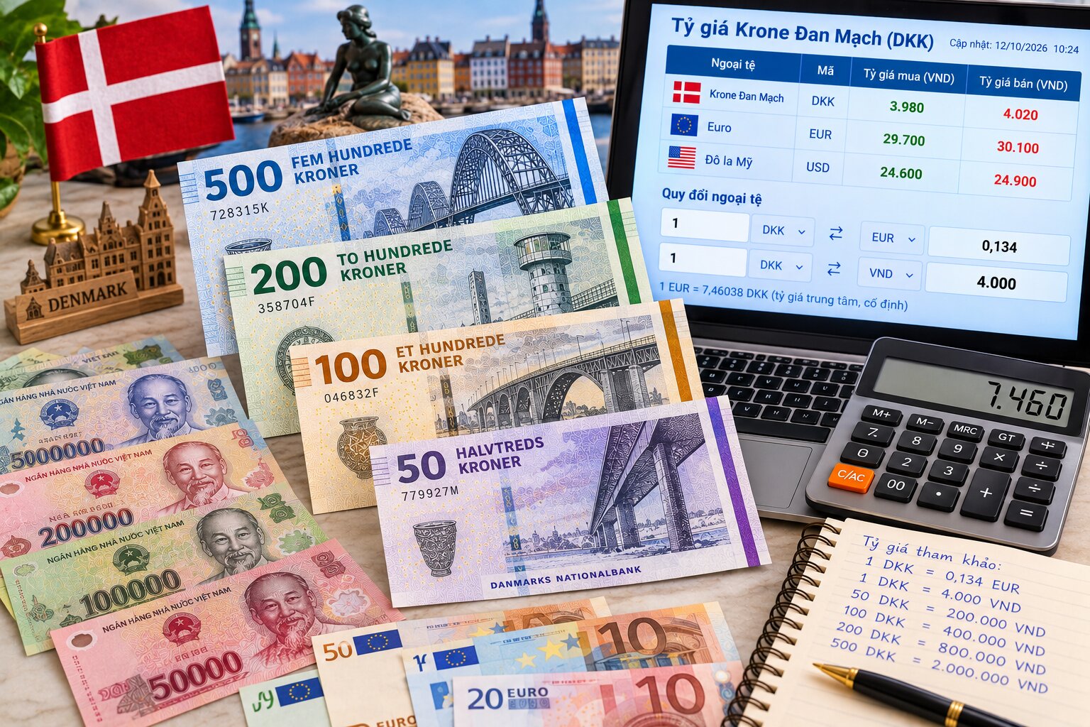 Tiền Krone Đan Mạch đặt cạnh tiền Việt Nam, Euro và máy tính tỷ giá, minh họa cách quy đổi DKK sang VND trong giao dịch