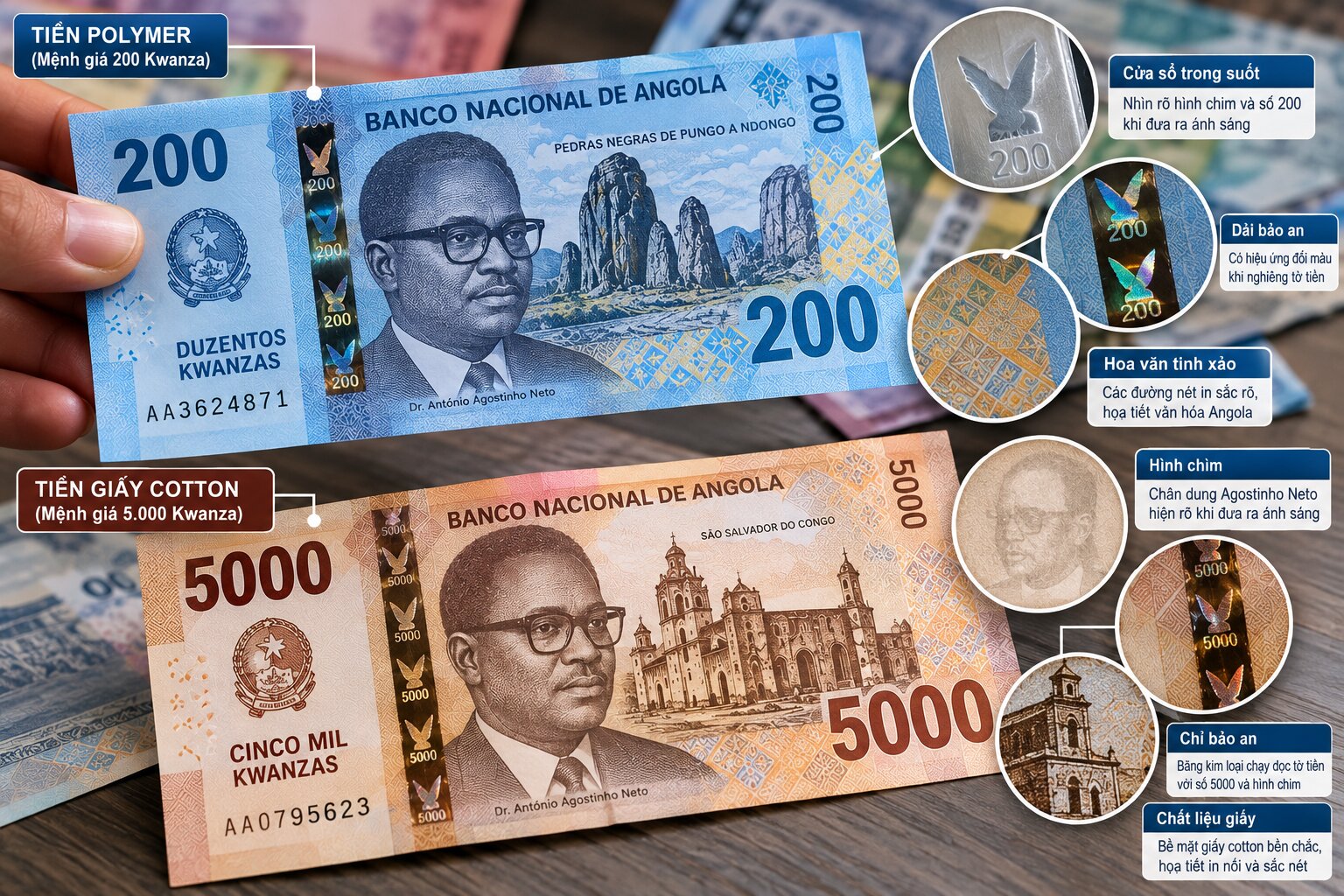 Tiền Kwanza Angola được thiết kế với nhiều đặc điểm bảo an, giúp người sử dụng nhận biết và phân biệt các phiên bản tiền giấy