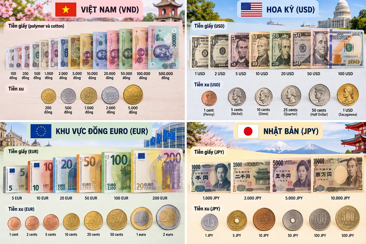 Các mệnh giá tiền giấy và tiền xu của Việt Nam, Đô la Mỹ, Euro và Yên Nhật được sắp xếp theo giá trị danh nghĩa từ thấp đến cao