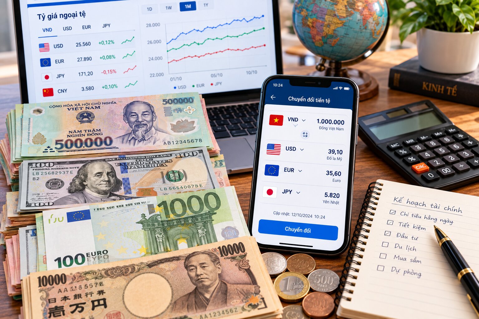 Tiền Việt Nam, đô la Mỹ và euro đặt cạnh điện thoại, máy tính hiển thị bảng quy đổi đơn vị tiền tệ VND, USD, EUR và JPY