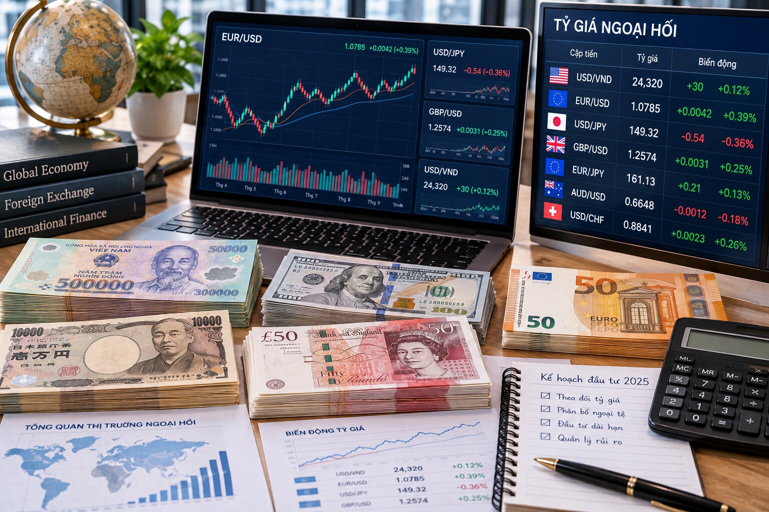 Tiền Việt Nam, Đô la Mỹ, Euro, Yên Nhật và Bảng Anh bên cạnh máy tính và biểu đồ tỷ giá, minh họa nguyên nhân các đồng tiền có giá trị khác nhau