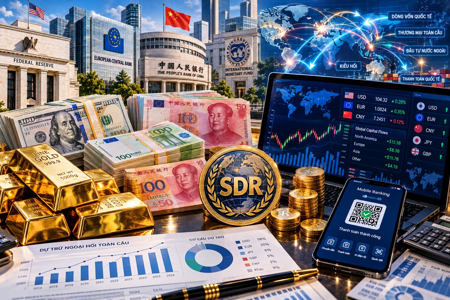 Tương lai tiền dự trữ quốc tế với Đô la Mỹ, Euro, Nhân dân tệ, vàng, SDR, ngân hàng trung ương và công nghệ thanh toán kỹ thuật số