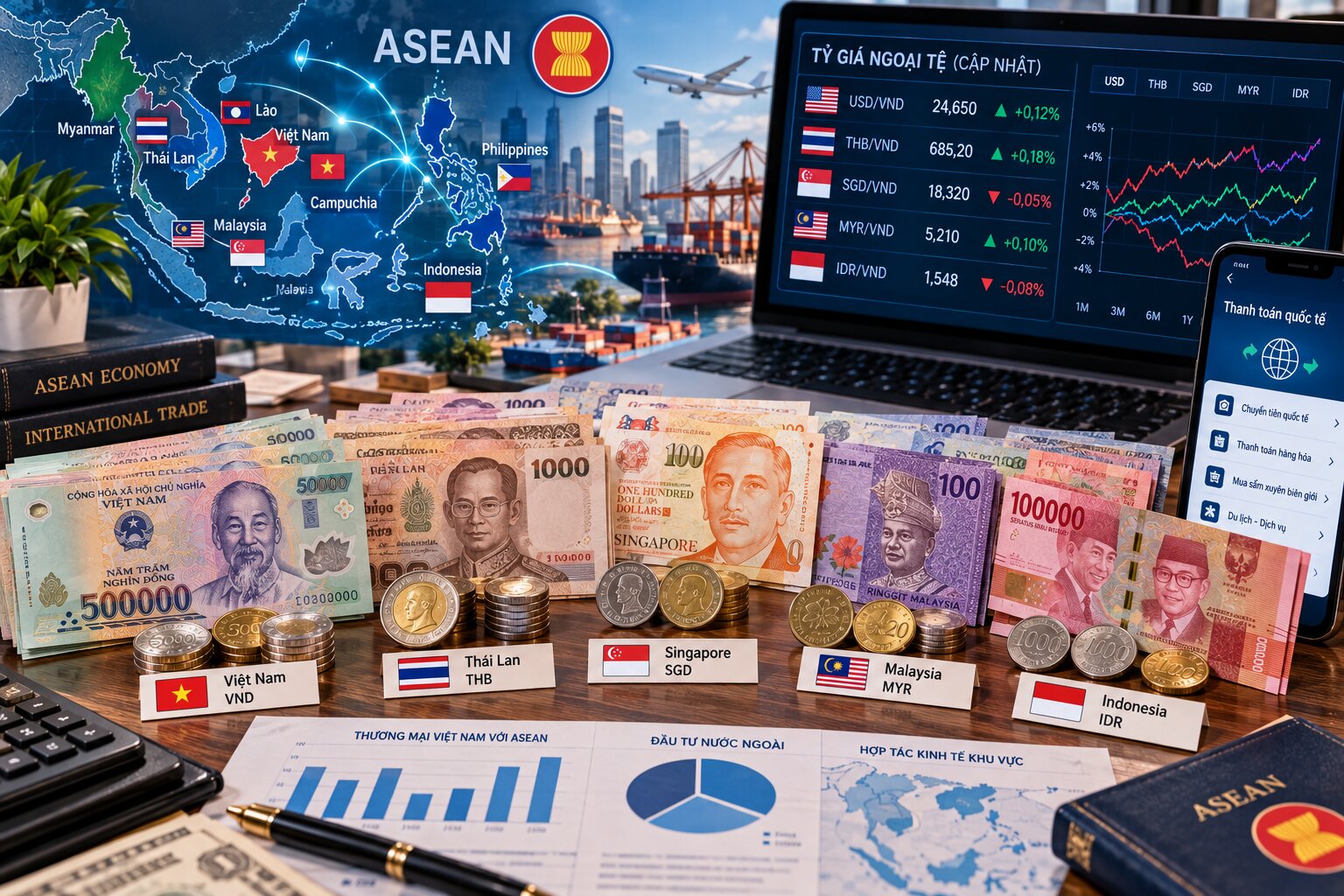Tiền Việt Nam, Baht Thái, Đô la Singapore, Ringgit Malaysia và Rupiah Indonesia cạnh bản đồ ASEAN và màn hình thanh toán quốc tế