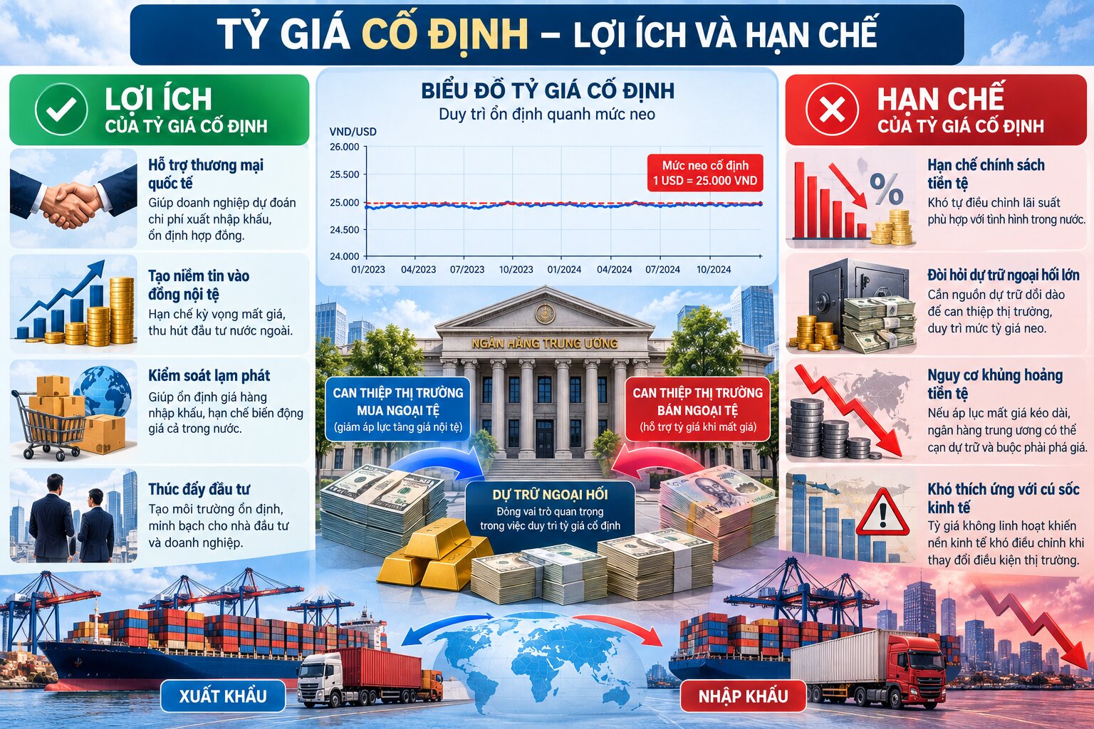 Infographic so sánh ưu nhược điểm tỷ giá cố định với biểu đồ tỷ giá, thương mại quốc tế, dự trữ ngoại hối và rủi ro tài chính