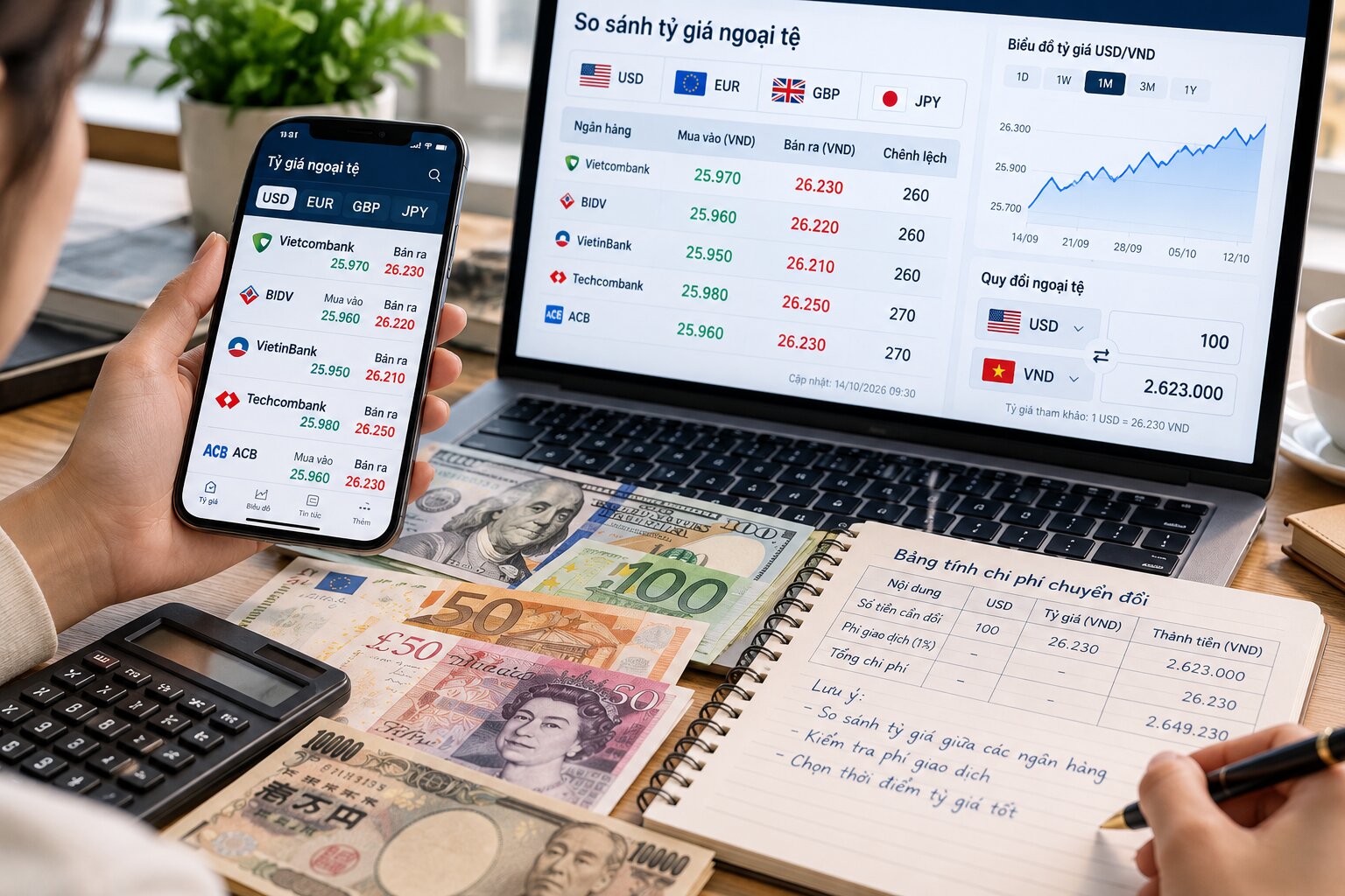 Hướng dẫn so sánh tỷ giá ngân hàng, tính phí chuyển đổi và xác định số tiền thực nhận khi quy đổi ngoại tệ
