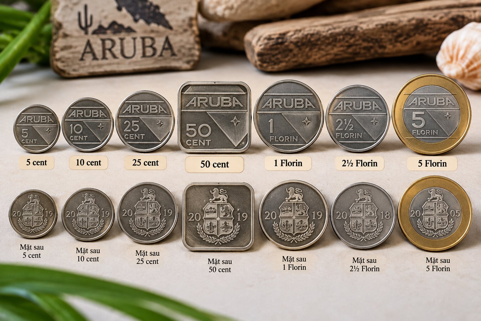 Tiền xu Florin Aruba với đồng 50 cent hình vuông và đồng 5 Florin hình tròn đặc trưng