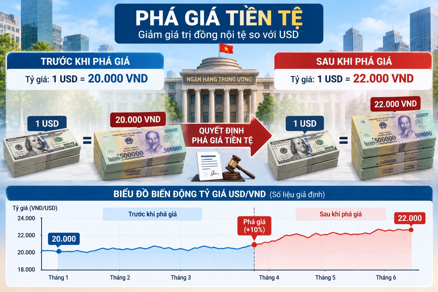 Minh họa phá giá tiền tệ với tỷ giá nội tệ USD thay đổi sau quyết định của ngân hàng trung ương và tác động đến giá trị đồng tiền