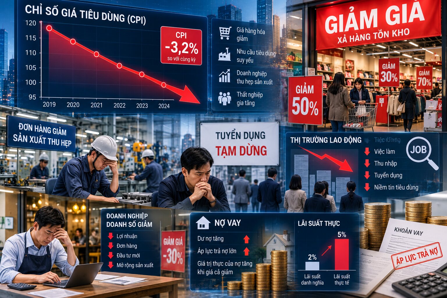 Giảm phát kéo dài do tổng cầu suy yếu có thể ảnh hưởng đến sản xuất, việc làm và khả năng trả nợ