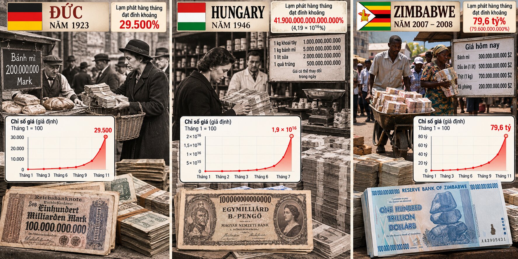 Minh họa các cuộc siêu lạm phát lịch sử tại Đức, Hungary và Zimbabwe với tiền giấy mệnh giá lớn và giá cả tăng cao