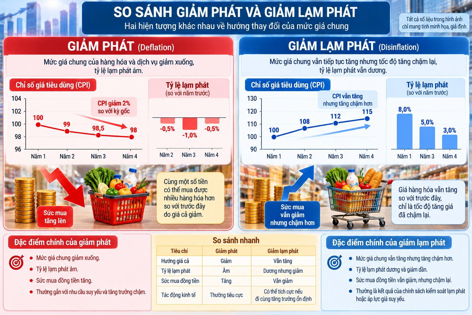 Infographic phân biệt giảm phát tiền tệ và giảm lạm phát qua biểu đồ CPI, tỷ lệ lạm phát âm và tốc độ tăng giá chậm lại