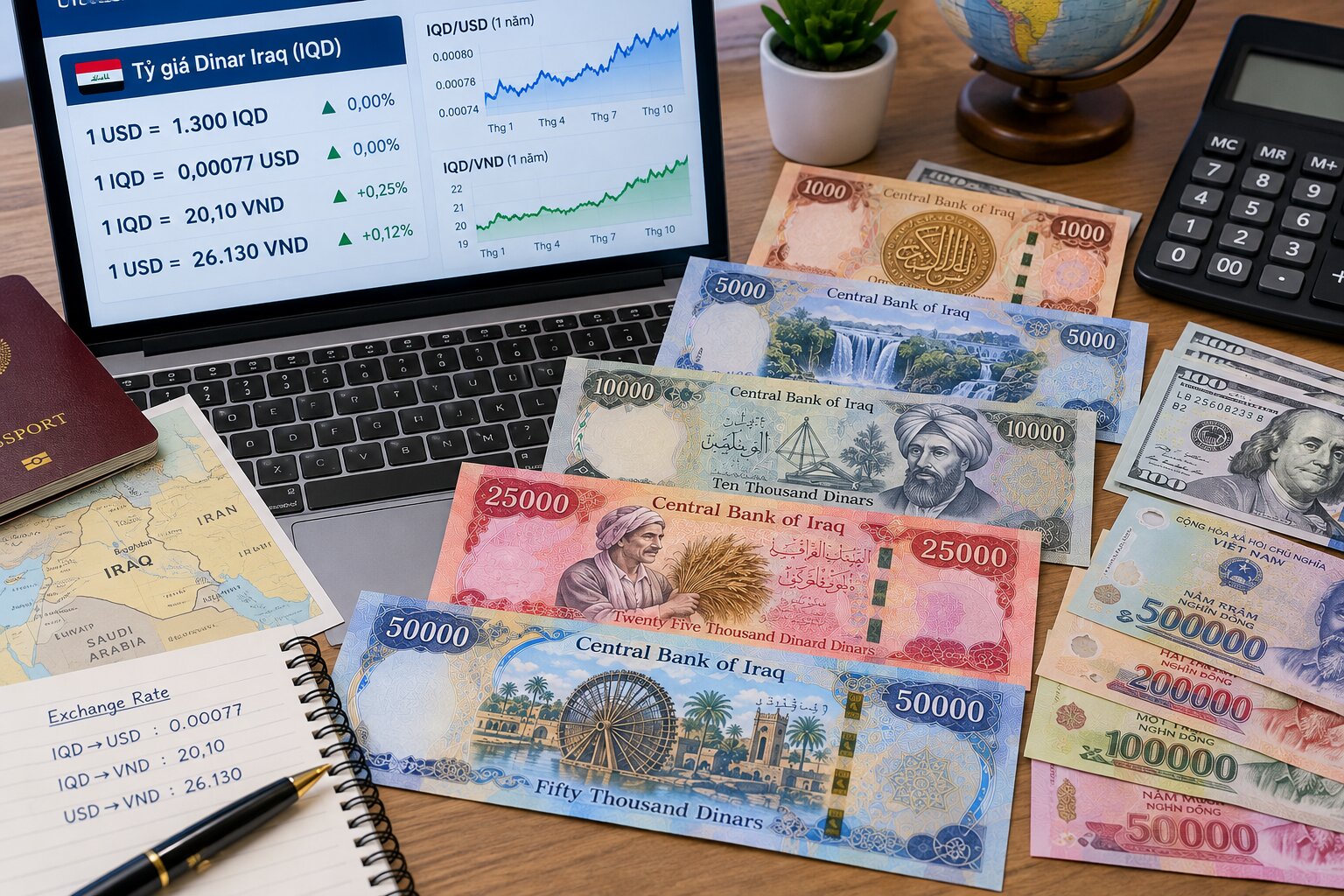 Tiền Dinar Iraq mệnh giá 1.000 đến 50.000 IQD đặt cạnh Đô la Mỹ, Đồng Việt Nam và máy tính hiển thị tỷ giá IQD sang VND