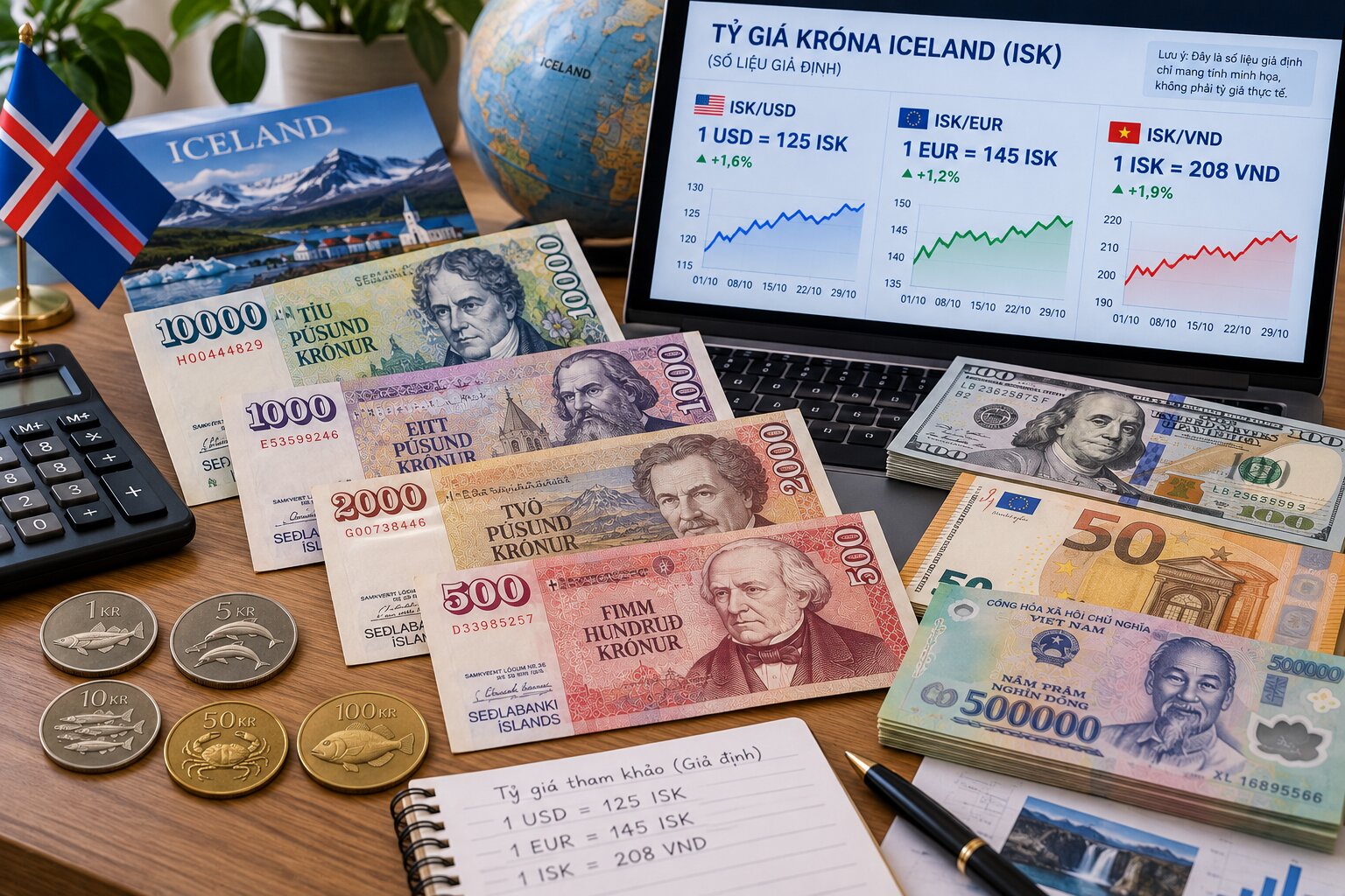 Tiền Króna Iceland đặt cạnh tiền Việt Nam, USD, Euro và máy tính với bảng tỷ giá ISK sang các ngoại tệ quốc tế