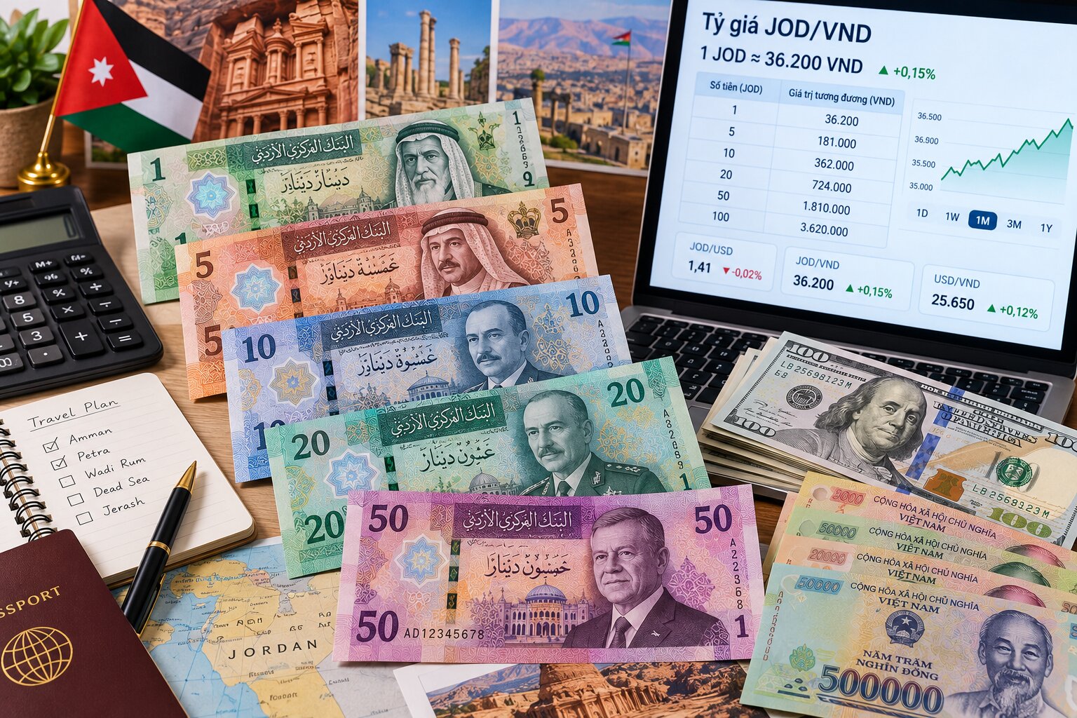 Tiền Dinar Jordan đặt cạnh tiền Việt Nam, Đô la Mỹ, máy tính và bảng tỷ giá JOD/VND phục vụ đổi tiền, du lịch và giao dịch quốc tế