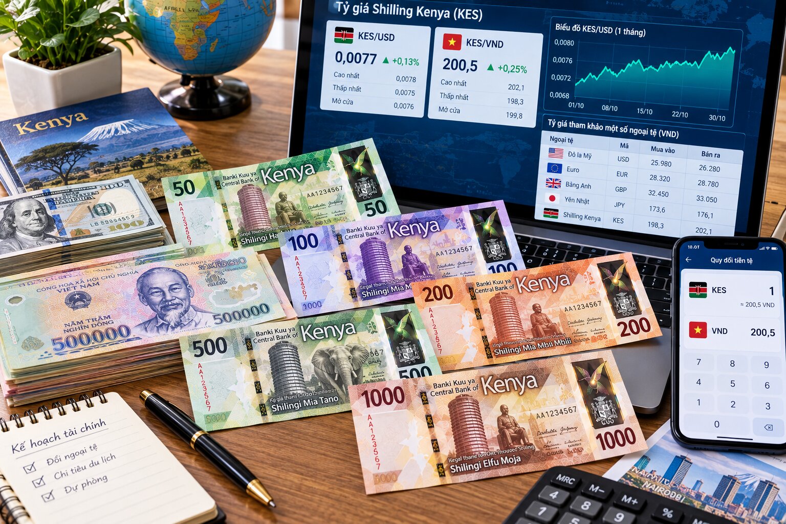 Tiền Shilling Kenya từ 50 đến 1.000 KES đặt cạnh Đô la Mỹ, Đồng Việt Nam và màn hình hiển thị tỷ giá KES sang VND