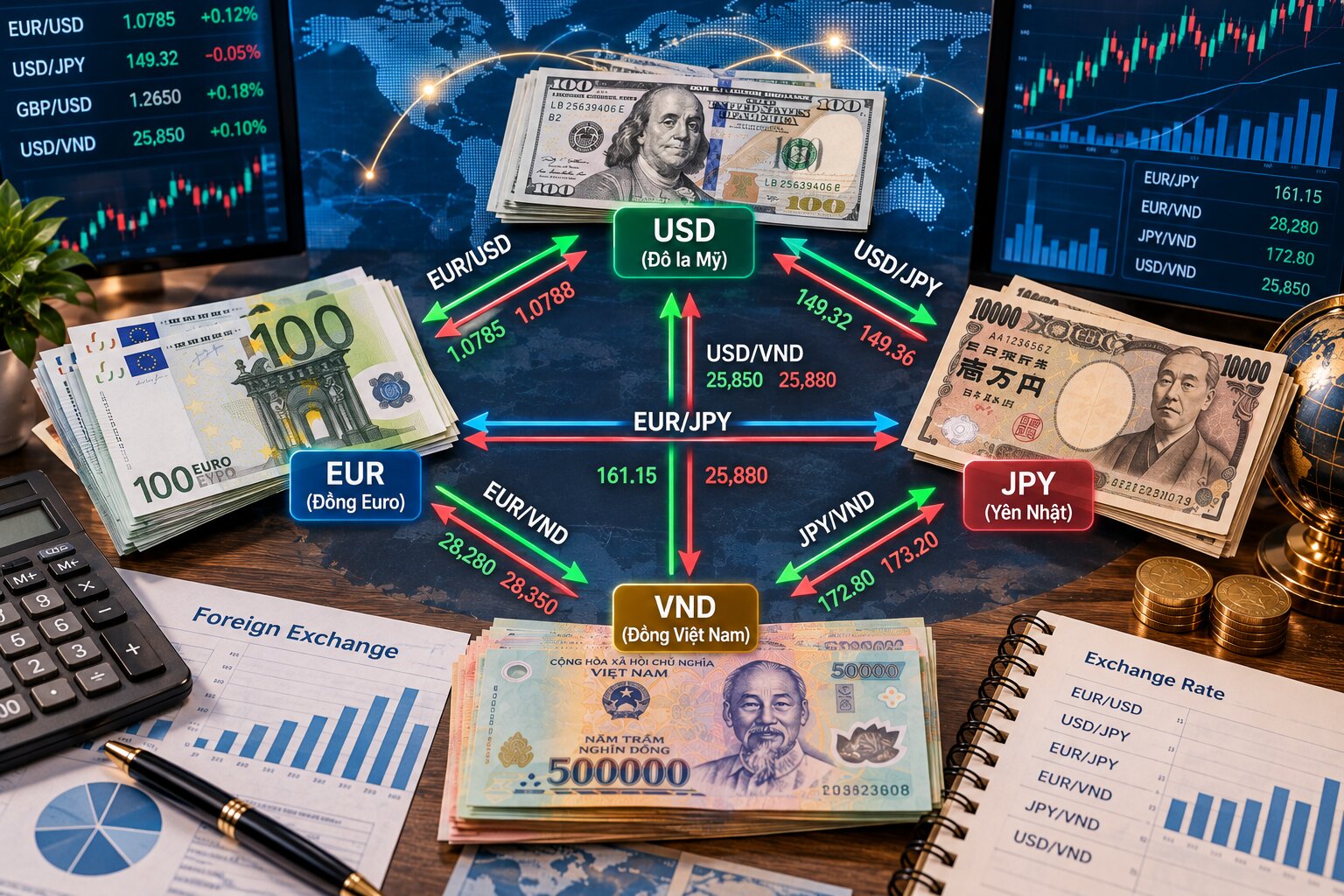 Sơ đồ tỷ giá chéo EUR/JPY thông qua EUR/USD và USD/JPY với tiền Euro, Đô la Mỹ, Yên Nhật và các mũi tên quy đổi ngoại tệ