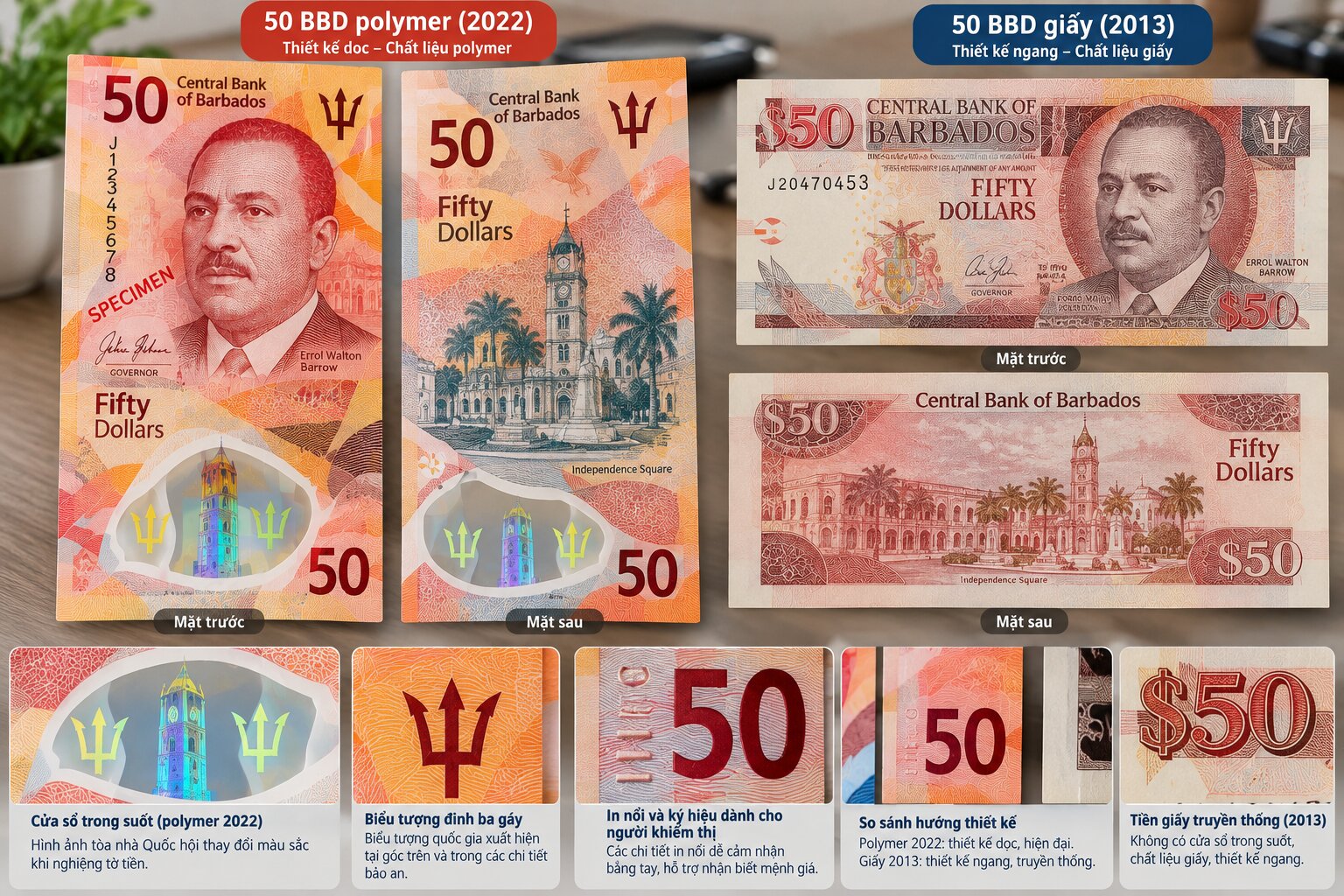 Tờ 50 Đô la Barbados polymer năm 2022 với chân dung Errol Barrow, cửa sổ bảo an và phiên bản tiền giấy cũ năm 2013