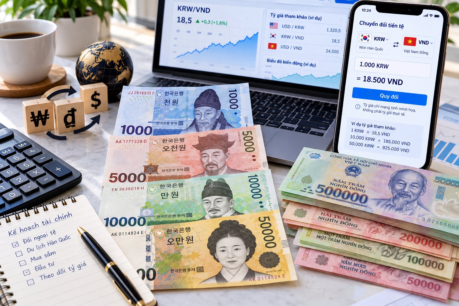 Tiền Won Hàn Quốc đặt cạnh tiền Việt Nam, điện thoại và máy tính hiển thị tỷ giá KRW/VND giả định để minh họa quy đổi