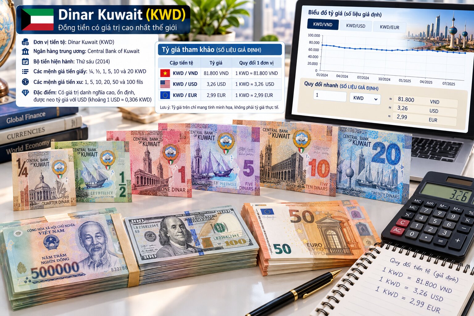Tiền Dinar Kuwait KWD gồm các mệnh giá phổ biến đặt cạnh tiền Việt Nam, USD và Euro cùng bảng tỷ giá quy đổi giả định