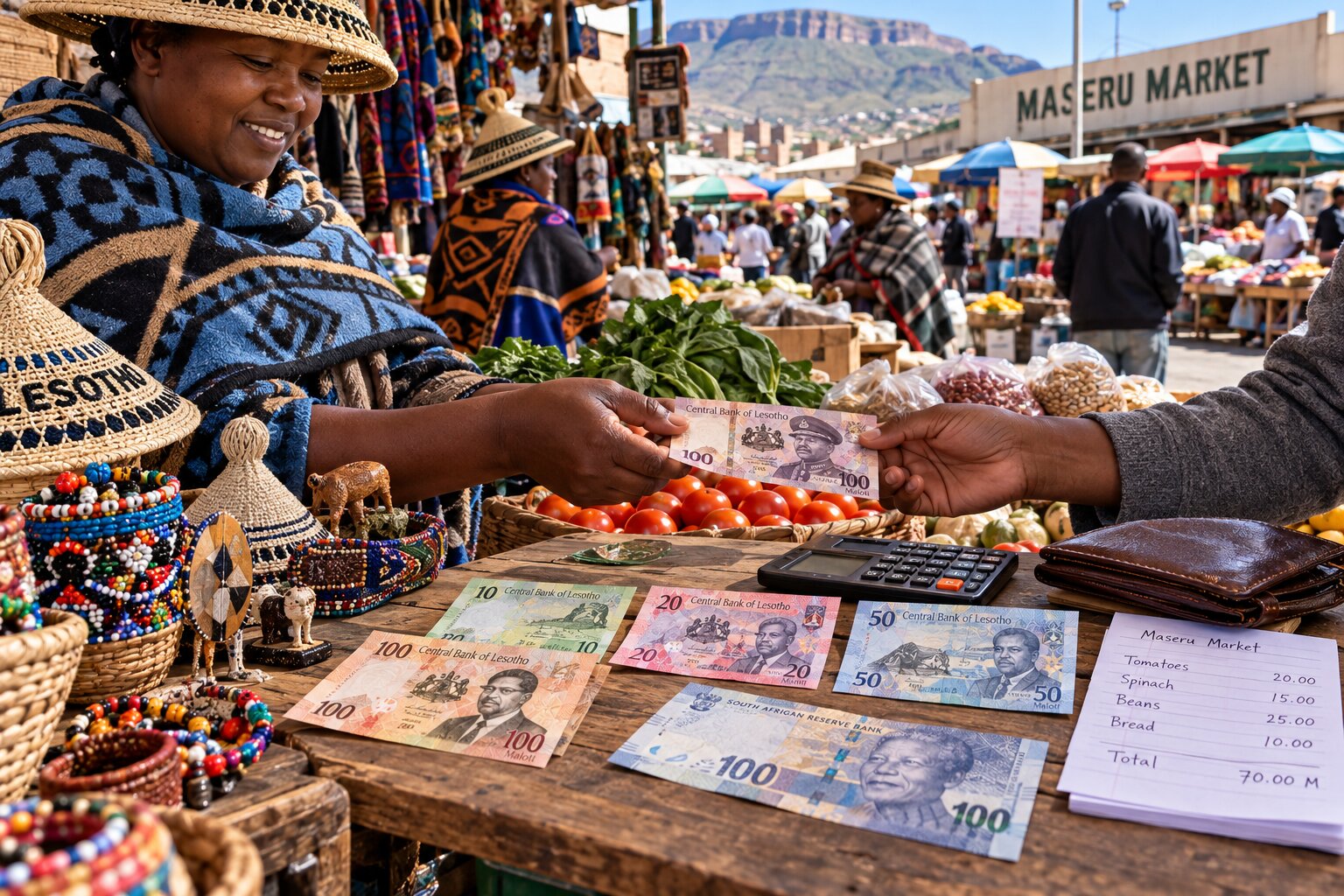 Tiền Loti Lesotho gồm các tờ 10, 20, 50 và 100 Maloti trên quầy hàng tại Maseru, minh họa hoạt động thanh toán địa phương