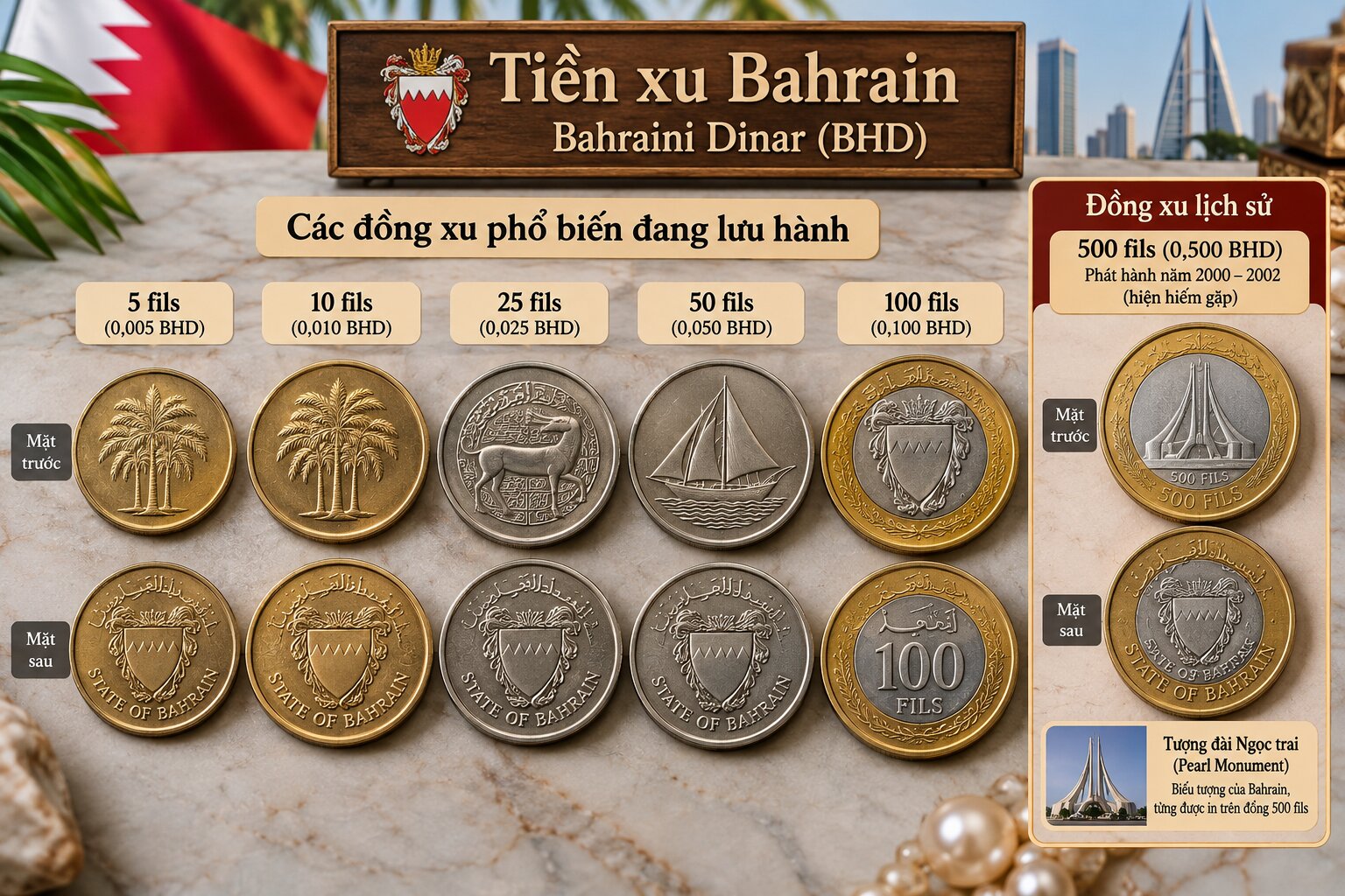 Bộ tiền xu Dinar Bahrain gồm 5, 10, 25, 50, 100 và 500 fils, thể hiện quốc huy, thuyền dhow và biểu tượng ngọc trai lịch sử