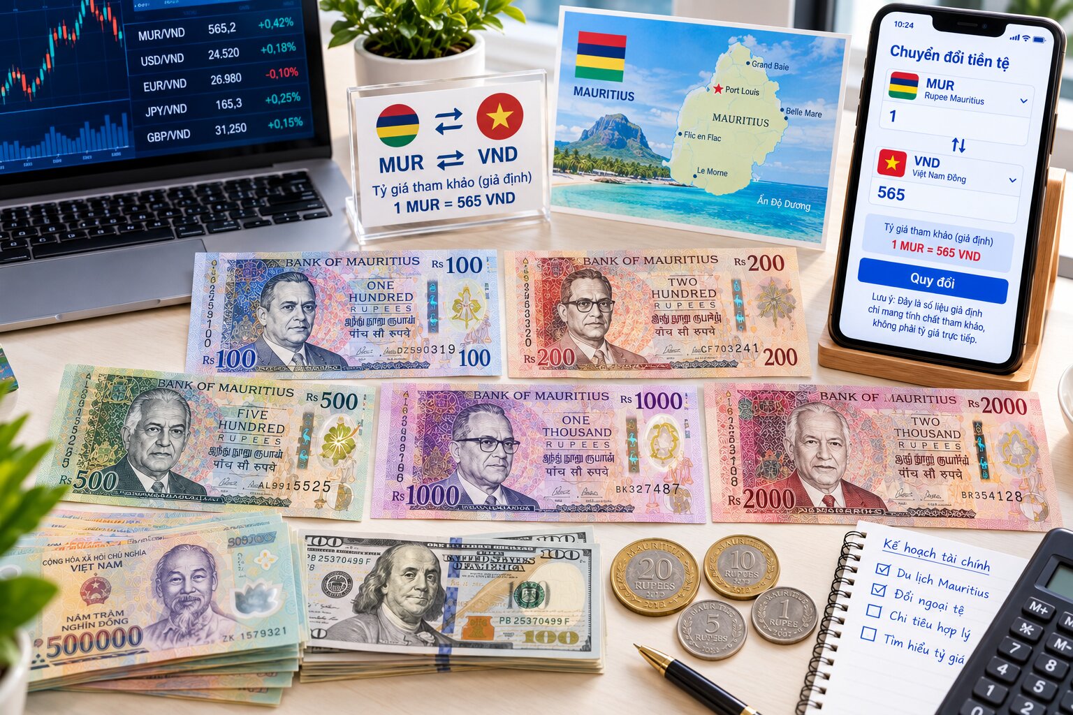 Tiền Rupee Mauritius đặt cạnh VND và USD cùng điện thoại hiển thị bảng tỷ giá MUR/VND giả định để minh họa cách quy đổi