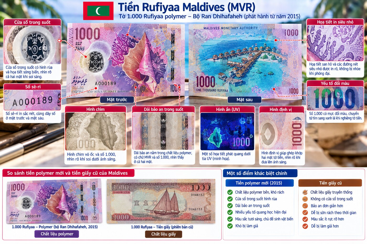 Hình cận cảnh tờ tiền polymer 1000 Rufiyaa Maldives MVR với cửa sổ trong suốt, số sê-ri và các chi tiết chống giả