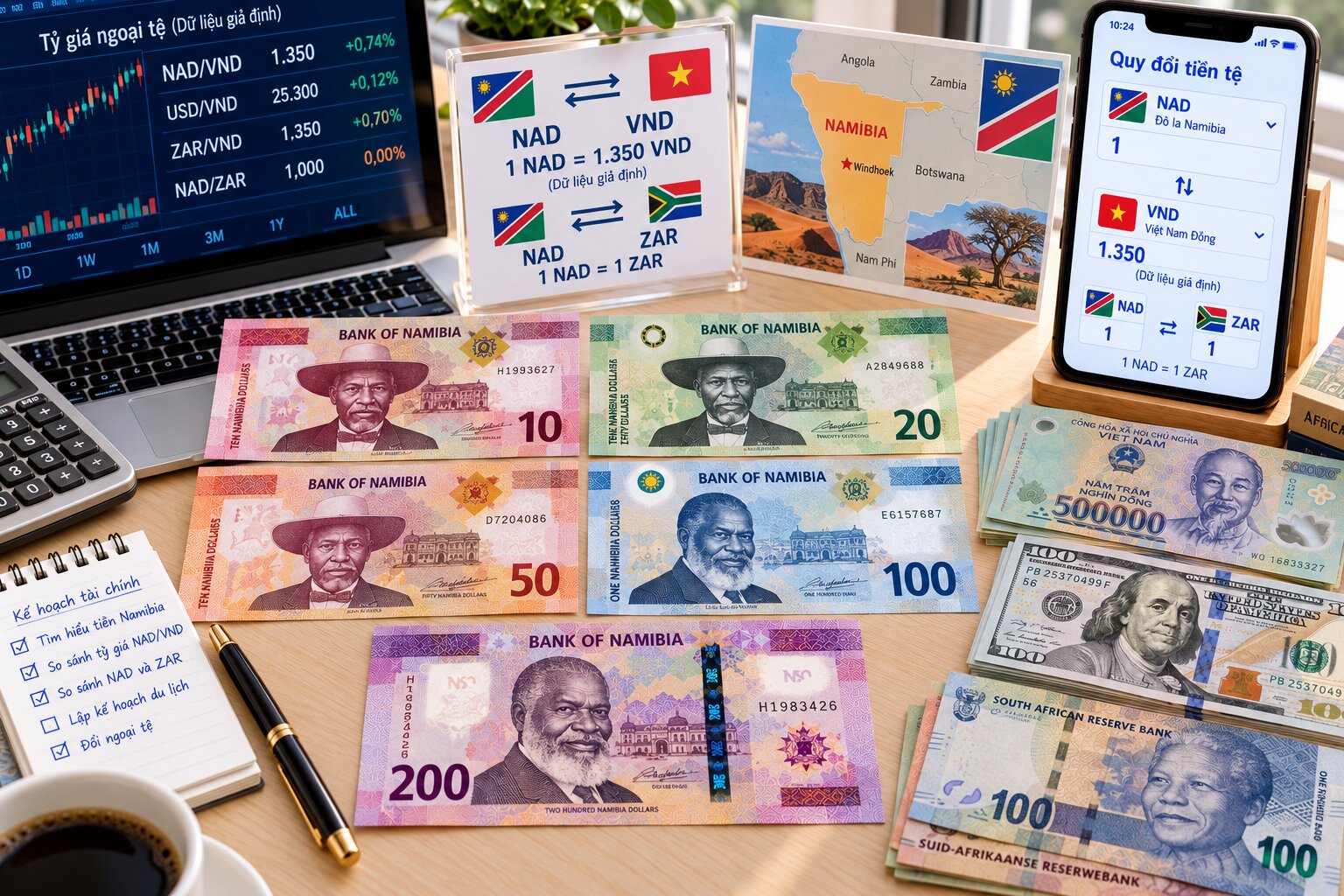 Tiền Đô la Namibia đặt cạnh VND và Rand Nam Phi cùng bảng tỷ giá NAD/VND giả định, thể hiện cơ chế neo tỷ giá