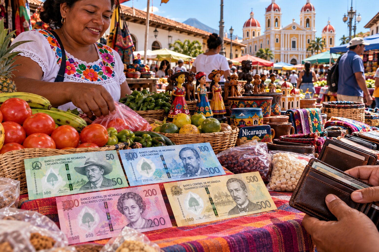Tiền Córdoba Nicaragua gồm các tờ 50, 100, 200 và 500 NIO đặt trên quầy hàng tại khu chợ truyền thống ở Managua