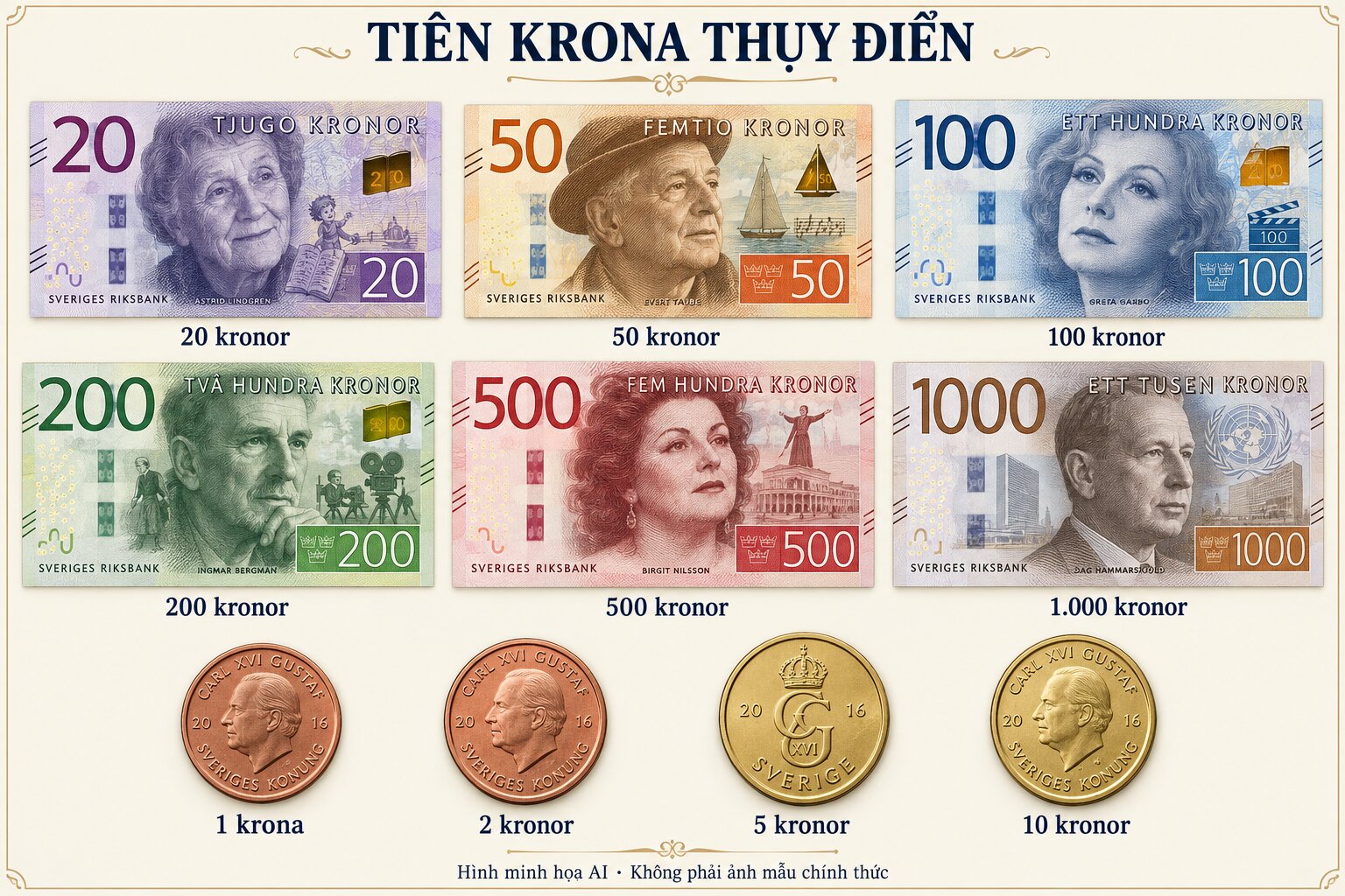 Các tờ tiền Krona Thụy Điển từ 20 đến 1.000 SEK đặt cạnh tiền xu 1, 2, 5 và 10 kronor theo thứ tự tăng dần