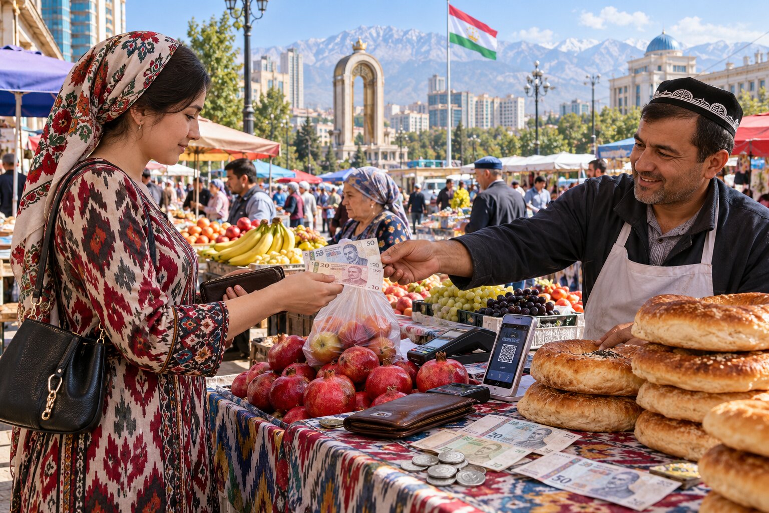 Người dân sử dụng tiền Somoni Tajikistan để mua hàng tại chợ truyền thống Dushanbe với tiền giấy TJS và tiền xu diram