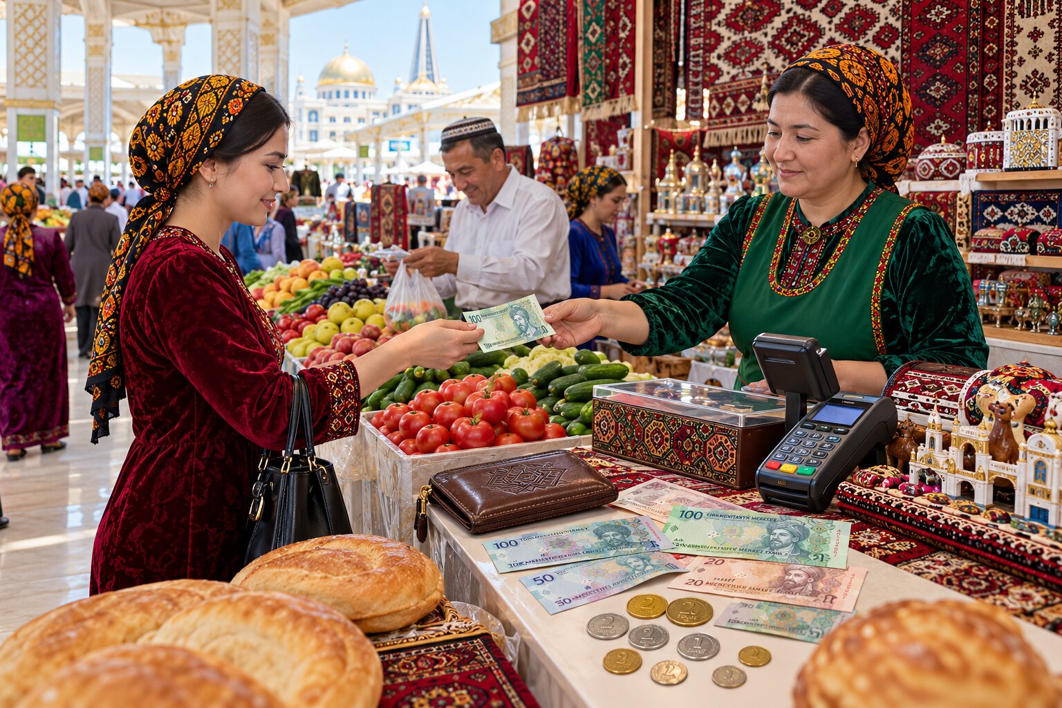 Cảnh mua sắm tại chợ Turkmenistan với người dân thanh toán bằng tiền Manat TMT, tiền xu Tenge và các phương thức thanh toán hiện đại
