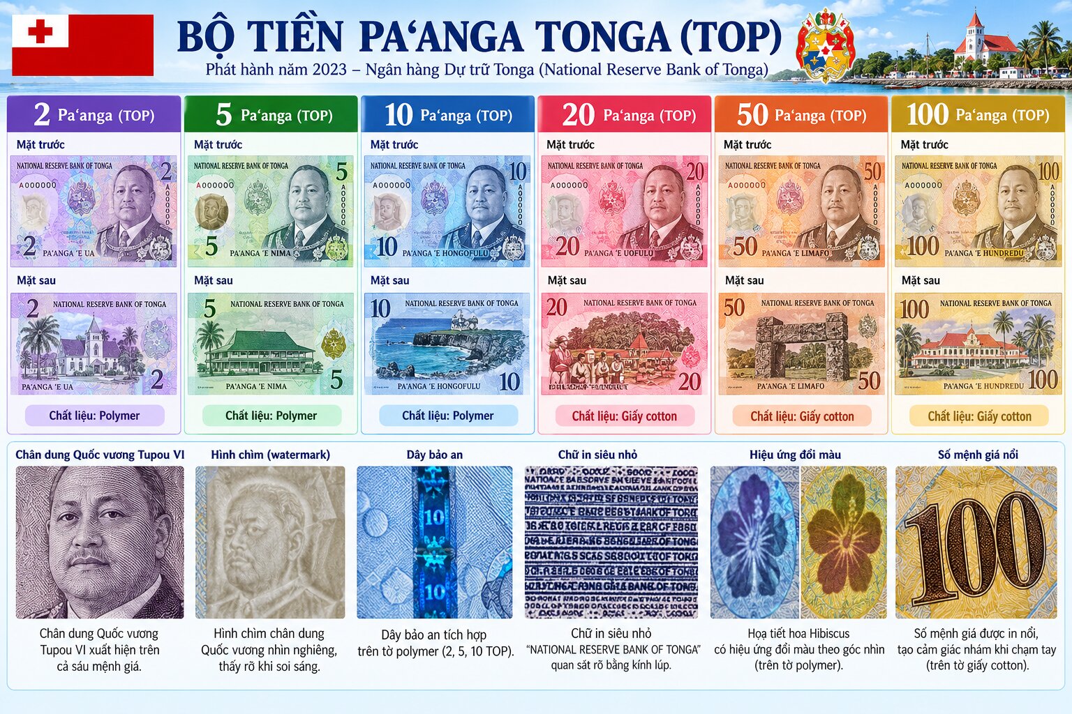Bộ sưu tập tiền Paʻanga Tonga từ 2 đến 100 TOP với chân dung Quốc vương Tupou VI, kiến trúc và biểu tượng văn hóa Tonga