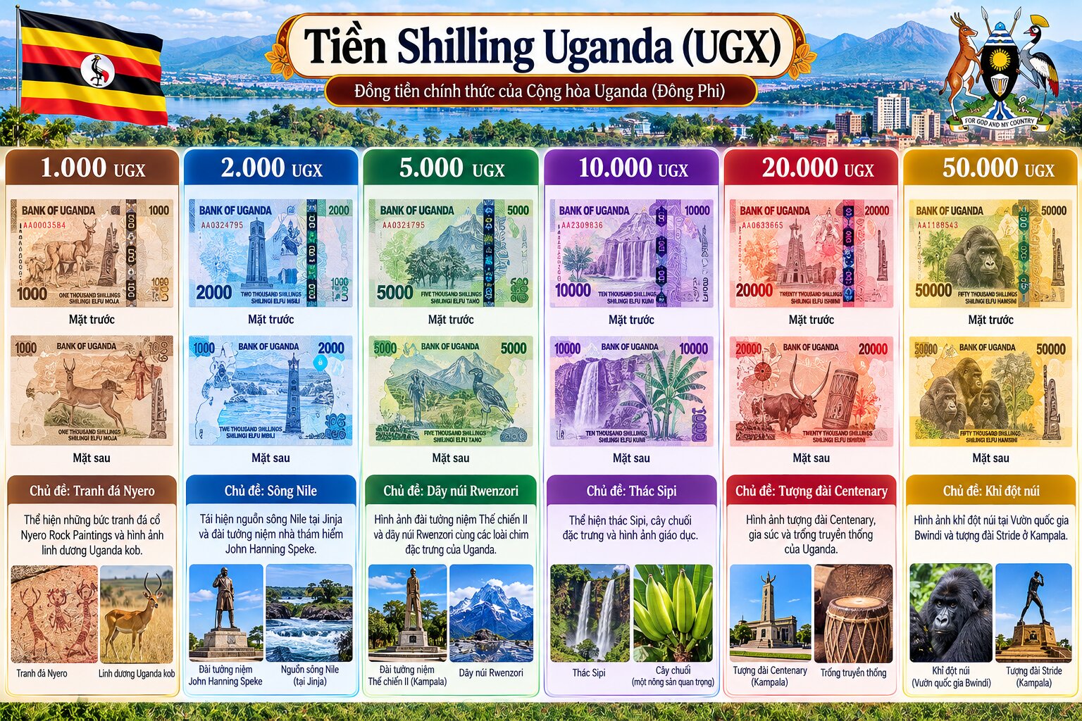 Bộ tiền giấy Shilling Uganda gồm sáu mệnh giá từ 1.000 đến 50.000 UGX, thể hiện sông Nile, thác Sipi và khỉ đột núi