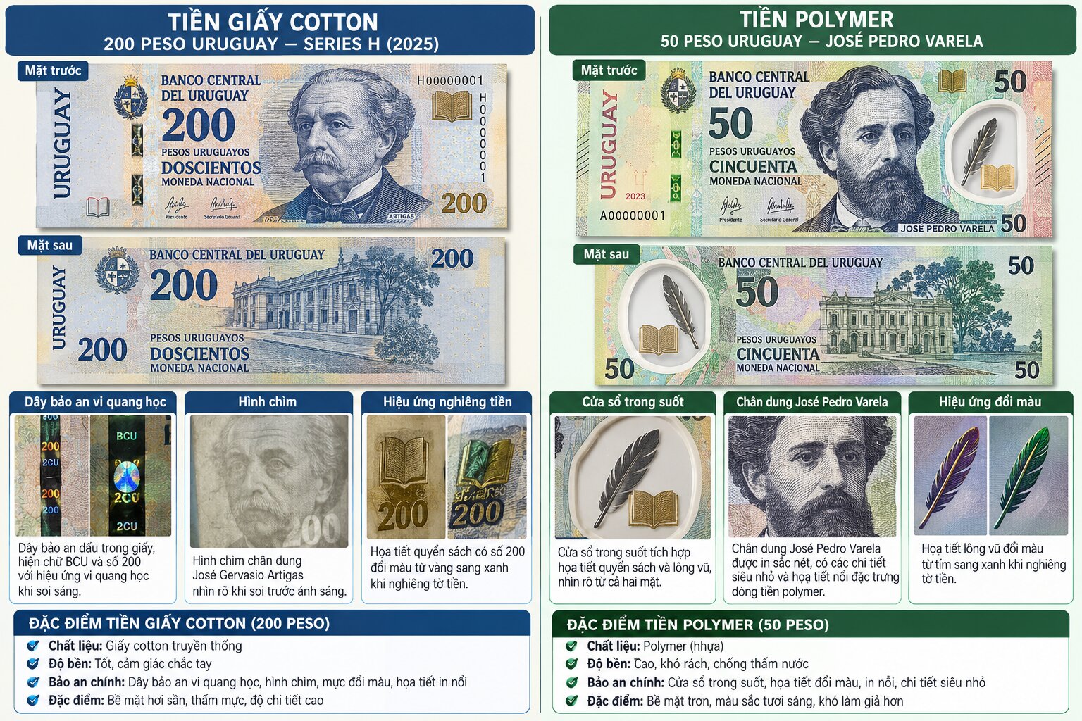 Infographic so sánh tiền Peso Uruguay cotton và polymer, thể hiện dây bảo an, hình chìm, cửa sổ trong suốt và hiệu ứng đổi màu