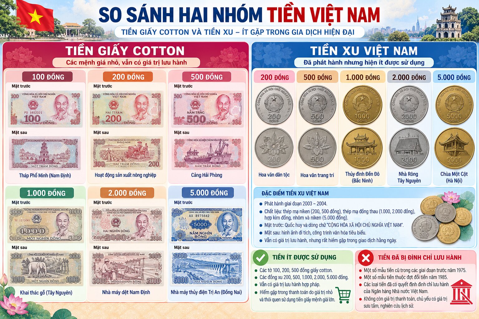 Bộ tiền giấy cotton và tiền xu Việt Nam với các mệnh giá nhỏ, hình ảnh di tích lịch sử và biểu tượng văn hóa dân tộc