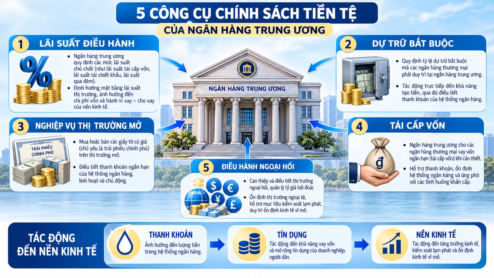 Infographic giới thiệu năm công cụ chính sách tiền tệ gồm lãi suất, dự trữ bắt buộc, thị trường mở, tái cấp vốn và ngoại hối