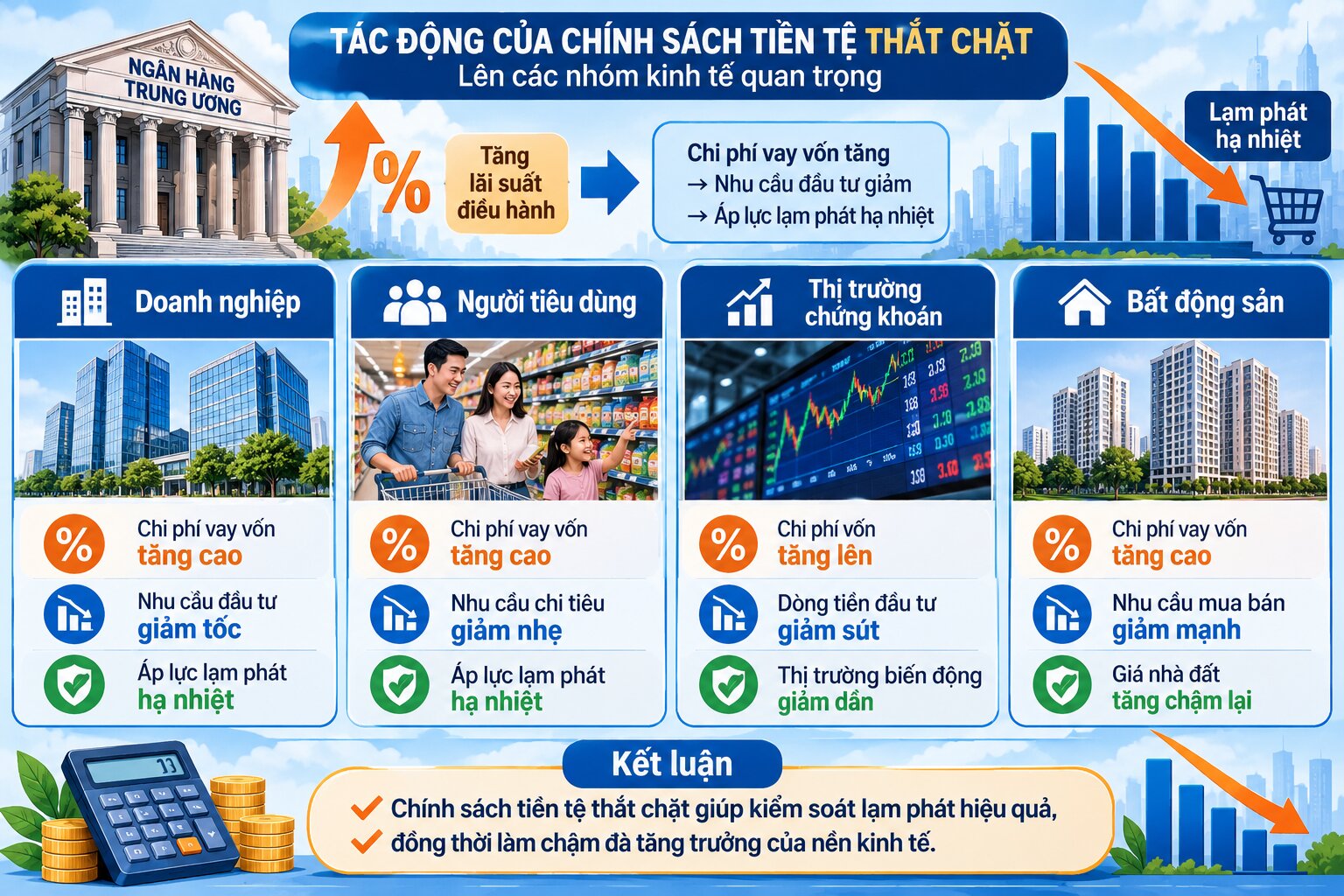 Infographic phân tích tác động của chính sách tiền tệ thắt chặt đến doanh nghiệp, người tiêu dùng, chứng khoán và bất động sản