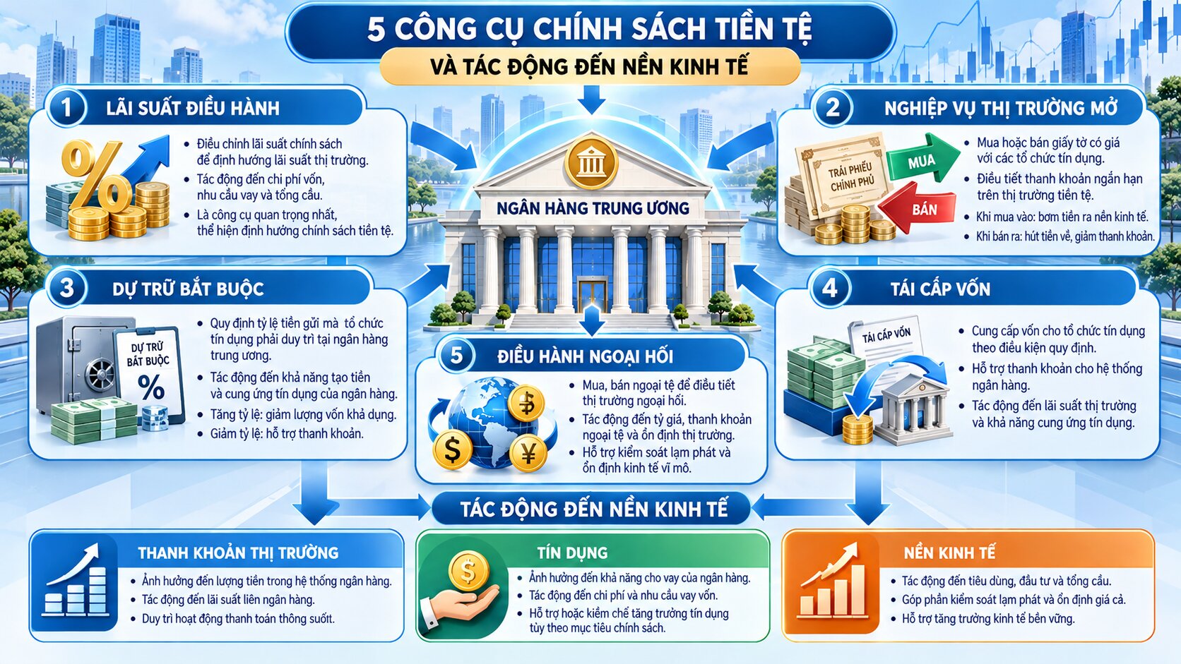 Sơ đồ năm công cụ chính sách tiền tệ của ngân hàng trung ương và tác động đến lãi suất, thanh khoản, tín dụng
