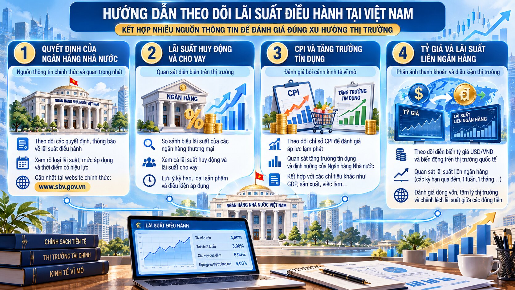 Infographic hướng dẫn theo dõi lãi suất điều hành tại Việt Nam qua Ngân hàng Nhà nước, CPI, tín dụng và tỷ giá