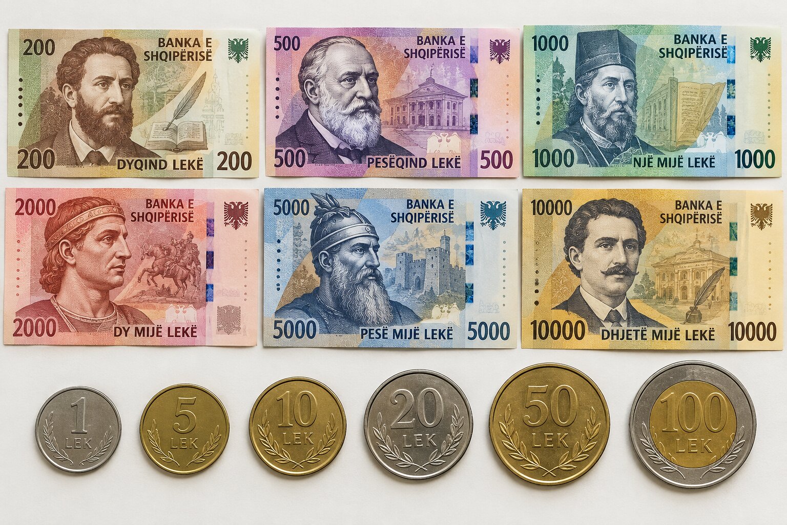 Tiền Lek Albania gồm nhiều mệnh giá tiền giấy và tiền xu được sử dụng trong đời sống hàng ngày